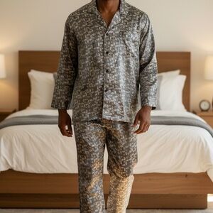 Perry Ellis Gray Grey Paisley 100% Silk Pajamas NWT size XL